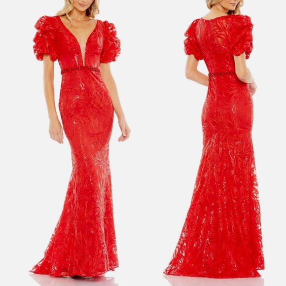 MAC DUGGAL 12421 EMBELLISHED PUFF SLEEVE PLUNGE NECK TRUMEPT RED GOWN sz 8 - Picture 2 of 5